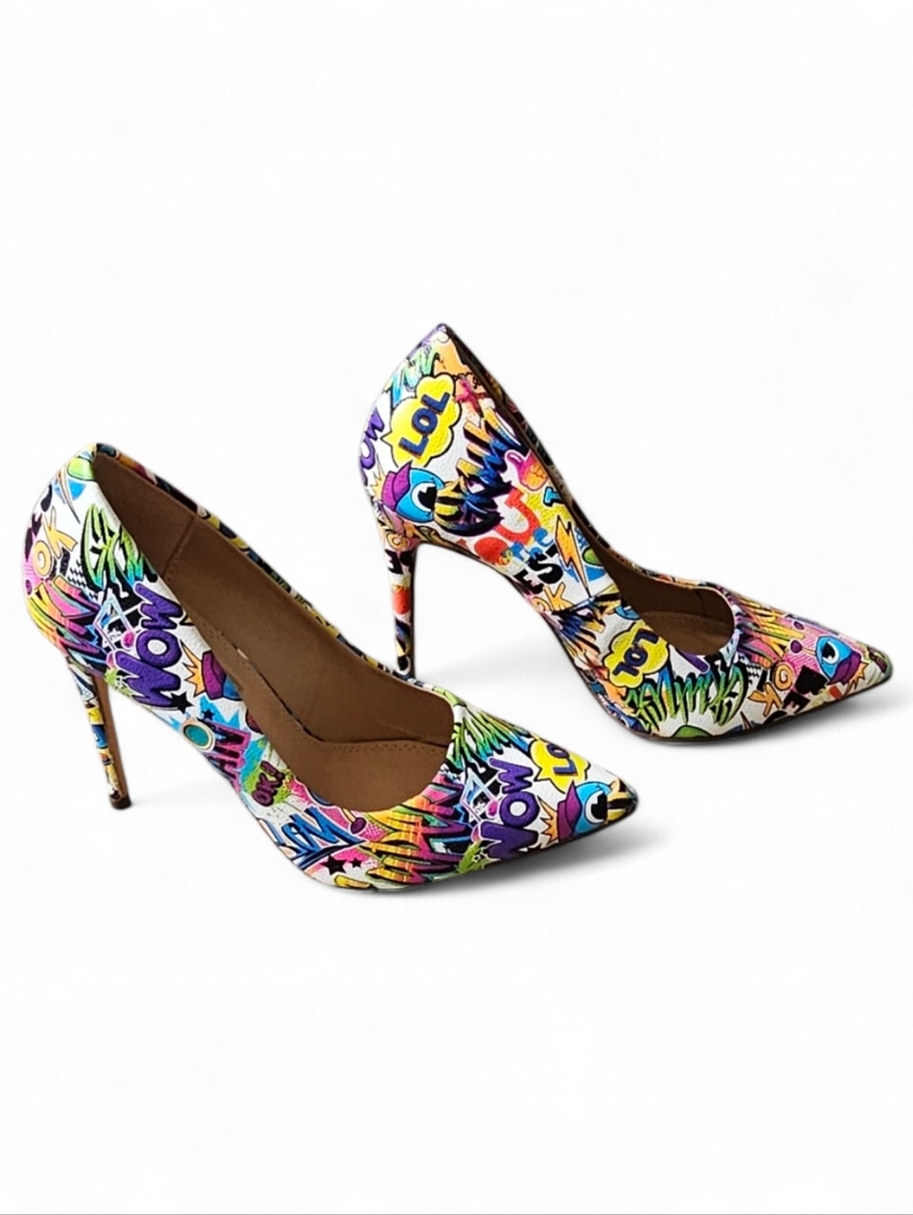 Liliana Colorful Comic Print Stiletto Heels Size 8